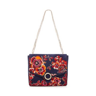 Blue suede floral embroidered cross body bag
